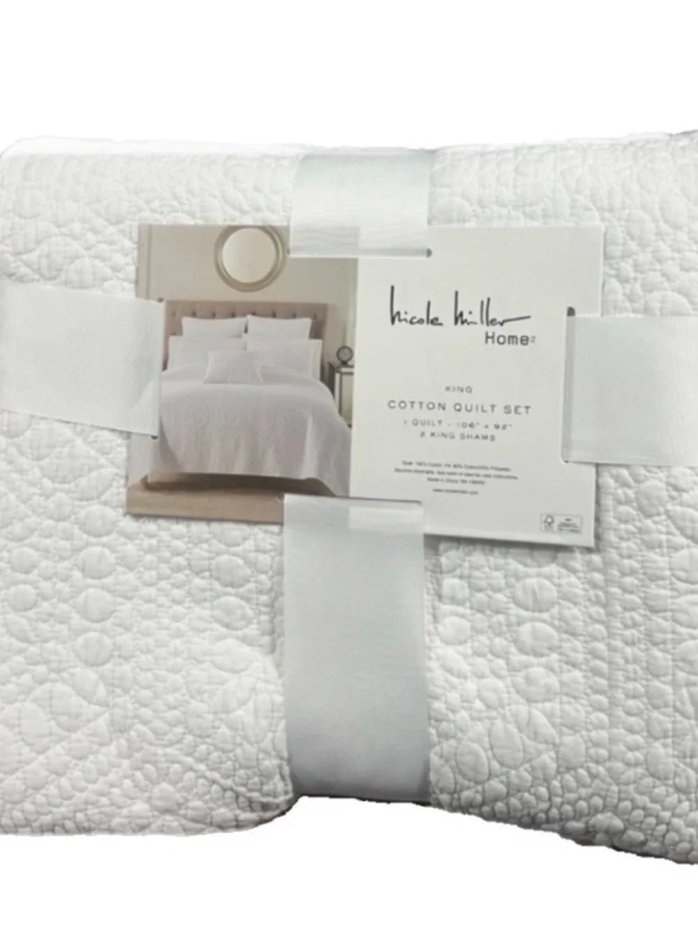 Nicole Miller White King Cotton Quilt Set 106”x92”